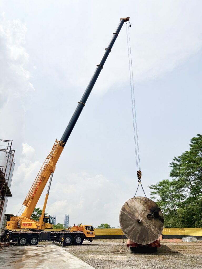 Pow Lee Crane mobile crane at sunset — heavy-duty lifting equipment parked near Masai, Johor crane rental company.