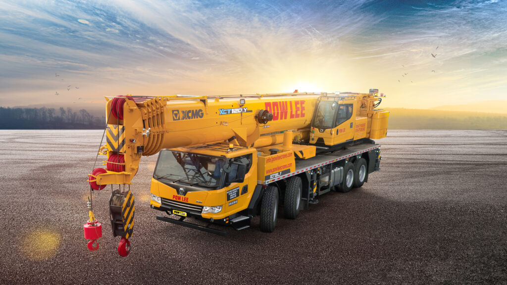 Pow Lee Crane logo and mobile crane fleet — promotional banner for crane hire services in Johor